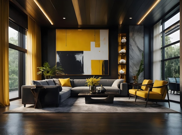 Fotografia moderna de luxo, cores ricas e amarelas, design de interiores de sala de estar moderna, renderização 3D