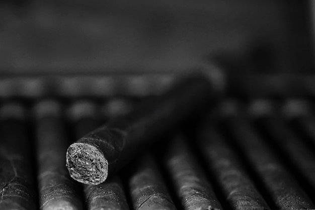 Fotografía monocroma de gran caja de madera de puros hechos a mano producción cubana