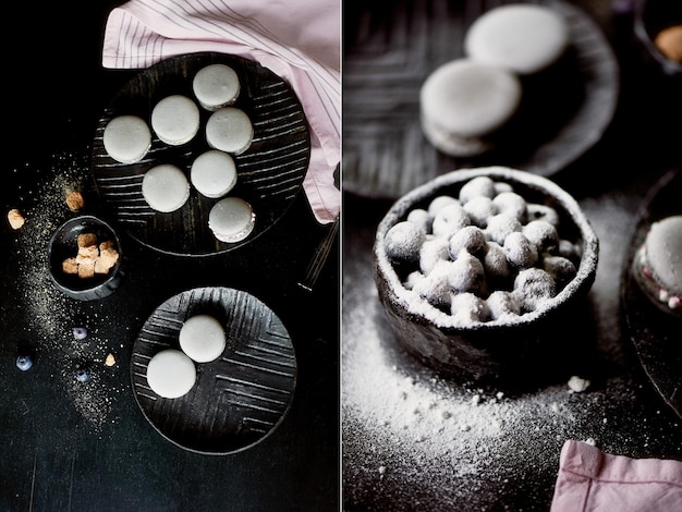 Fotografia monocromática escura Macaroons de bolos cinza na superfície escura da mesa ao lado de uma colher e açucareiro com colagem de açúcar mascavo