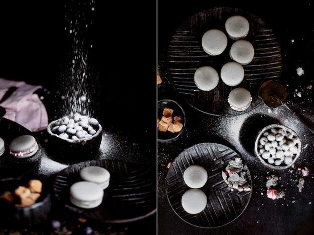 Fotografia monocromática escura Macaroons de bolos cinza na superfície escura da mesa ao lado de uma colher e açucareiro com colagem de açúcar mascavo