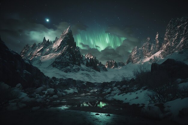 Fotografía de montañas nevadas realistas en la noche con auroras boreales verdes Arte generado por Ai