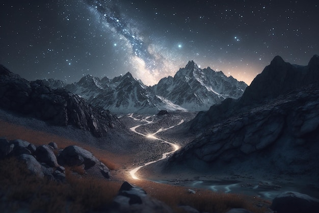 Fotografía de montañas realistas en la noche con un arco de la vía láctea Ai generó arte