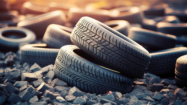 Fotografía de un montón de neumáticos viejos tirados en el suelo neumáticos usados