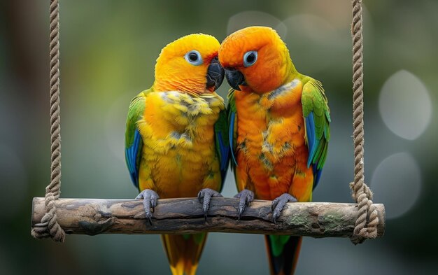 Fotografía muestra a una pareja de conures solares acurrucados en un columpio