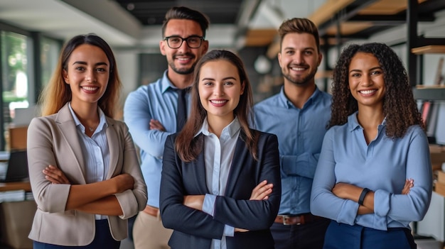 La fotografía muestra a un sonriente equipo corporativo diversificado posando para la cámara en su lugar de trabajo GENERAR IA