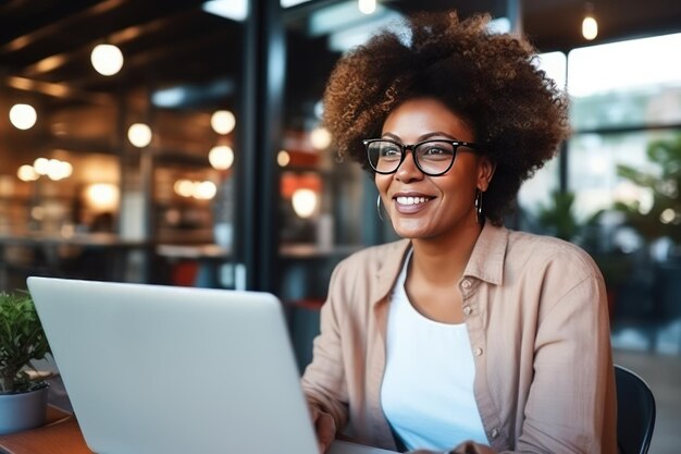 Fotografía de una mujer afroamericana sonriente frente al monitor de una computadora portátil en un café de la acera