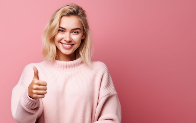 Fotografía de una mujer atractiva señalando y sonriendo