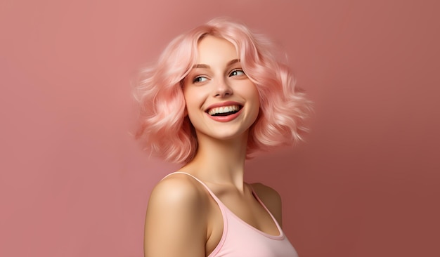 Fotografía de una mujer bonita rubia sobre un fondo rosa Mujer riendo y feliz y vestida de blanco