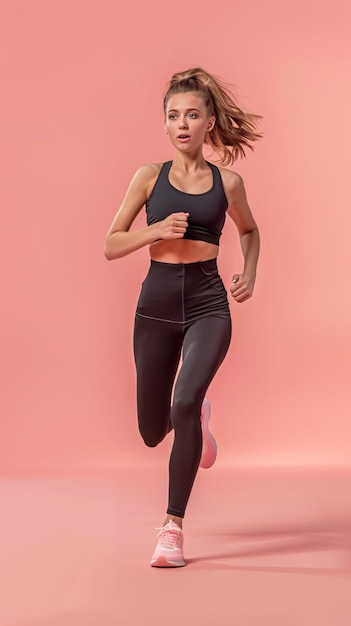 Fotografía de una mujer corriendo en un estudio.