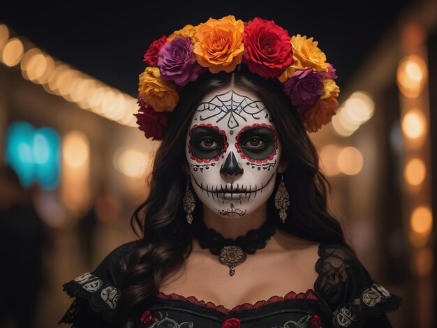 Fotografía de una mujer en el disfraz del Día de los Muertos