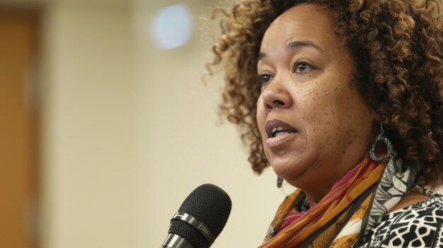 Una fotografía de una mujer hablando en un foro comunitario explicando el impacto de la discriminación