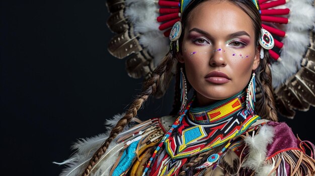 Foto una fotografía de una mujer indígena segura de sí misma con trajes tradicionales de los nativos americanos