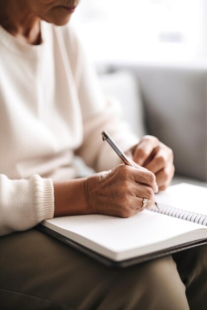 Fotografía de una mujer irreconocible escribiendo en su cuaderno mientras estaba sentada en casa