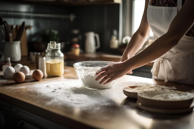 Fotografía de una mujer irreconocible horneando en la cocina creada con IA generativa