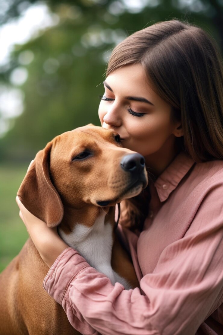 Fotografía de una mujer joven abrazando a su perro mientras se une a él al aire libre creada con IA generativa