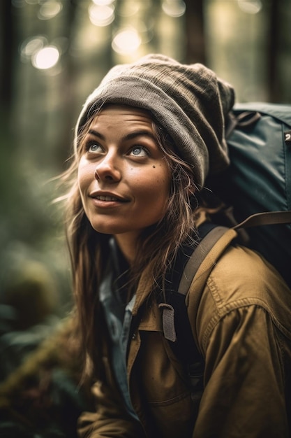 Fotografía de una mujer joven en una aventura en la naturaleza creada con IA generativa