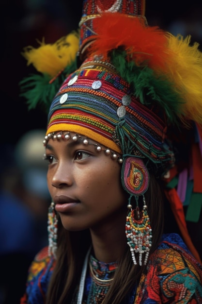 Fotografía de una mujer joven con un colorido y elaborado tocado creado con IA generativa