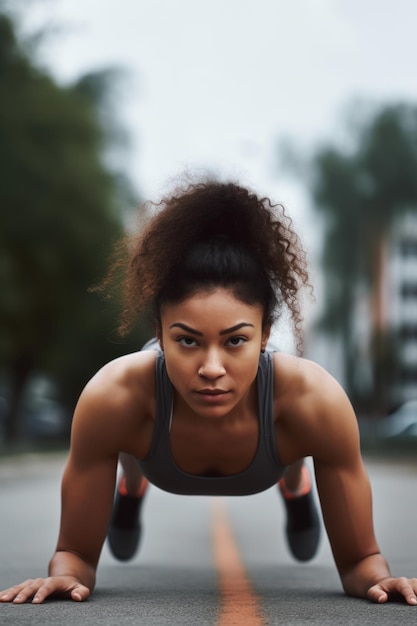 Fotografía de una mujer joven deportiva haciendo flexiones al aire libre creada con IA generativa