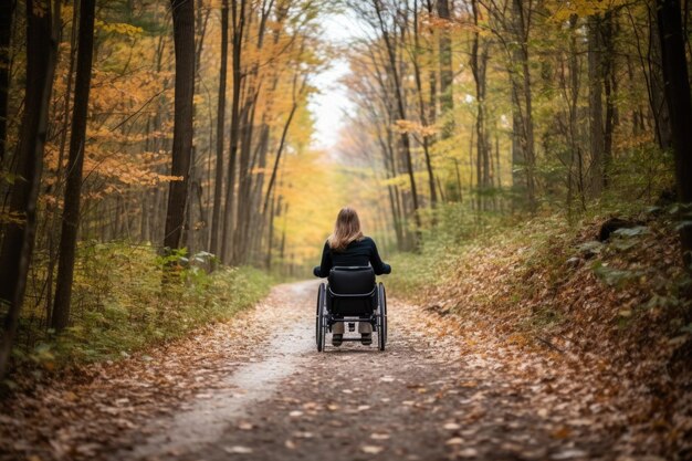 Fotografía de una mujer joven empujándola en una silla de ruedas en un sendero al aire libre creado con IA generativa