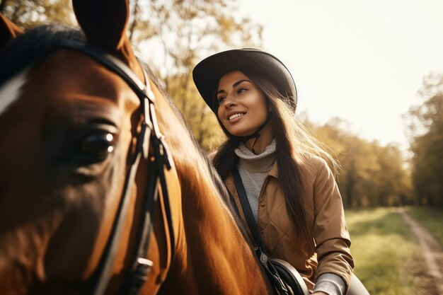 Foto fotografía de una mujer joven haciendo su primer paseo a caballo