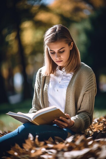 Fotografía de una mujer joven leyendo casualmente un libro en el parque creada con IA generativa