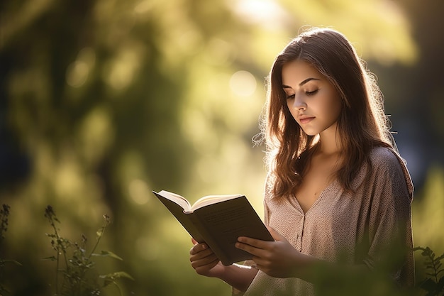 Fotografía de una mujer joven leyendo en el parque creada con IA generativa