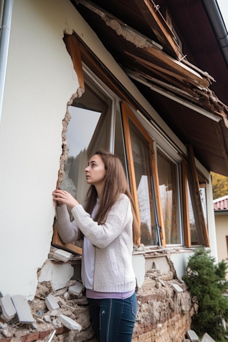 Fotografía de una mujer joven mirando los daños en su casa después de un terremoto