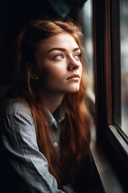 Fotografía de una mujer joven mirando por la ventana en un tren creado con IA generativa