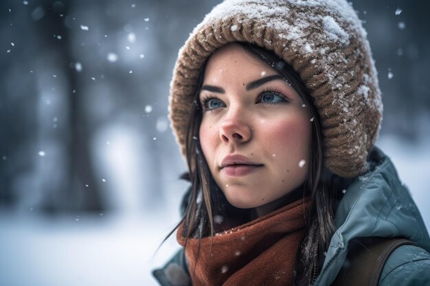 Fotografía de una mujer joven en la nieve.