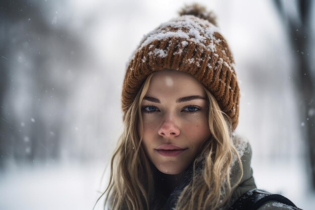 Fotografía de una mujer joven en la nieve.