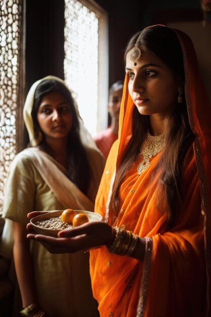 Fotografía de una mujer joven ofreciendo un regalo a su deidad