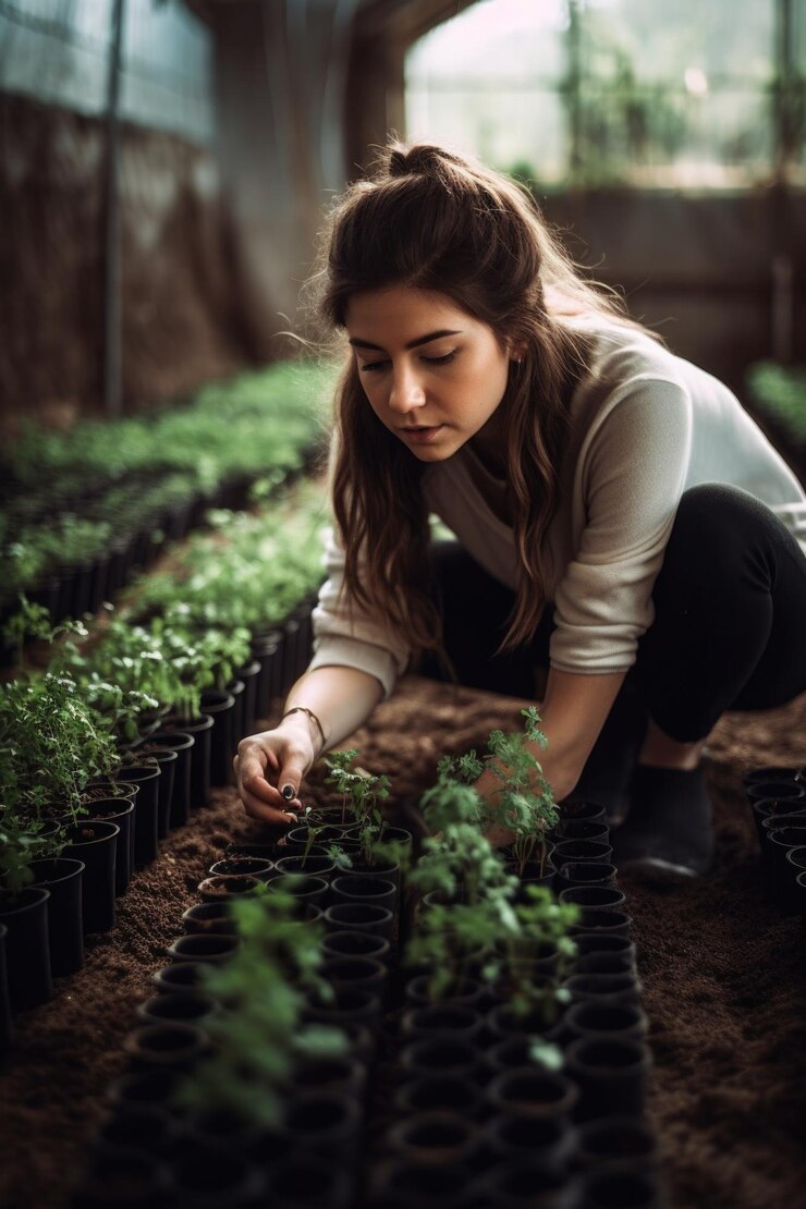 Fotografía de una mujer joven plantando árboles en un vivero
