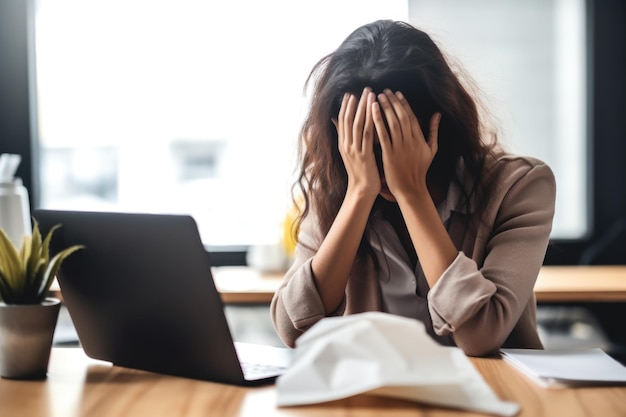 Fotografía de una mujer joven protegiendo su cara del polvo mientras trabaja en una computadora portátil