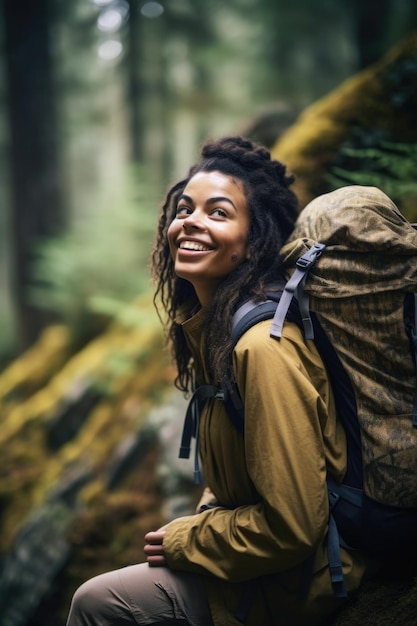 Fotografía de una mujer joven sonriendo mientras se detiene para descansar en su caminata por el desierto