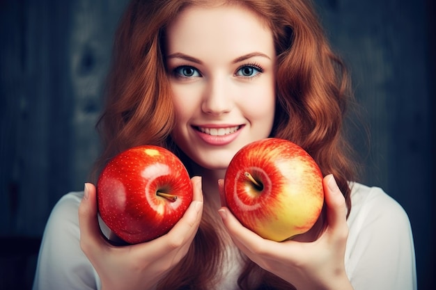 Fotografía de una mujer joven sosteniendo algunas manzanas frescas creadas con IA generativa