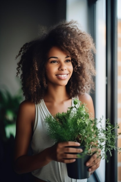 Fotografía de una mujer joven sosteniendo algunas plantas en su casa creadas con IA generativa