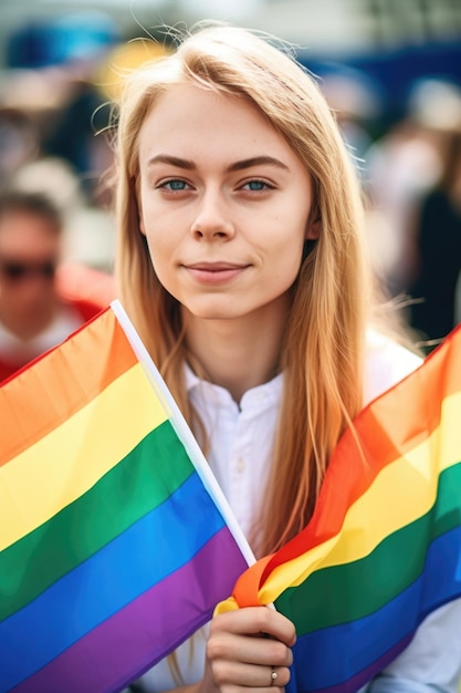 Fotografía de una mujer joven sosteniendo banderas arco iris en un evento creado con IA generativa