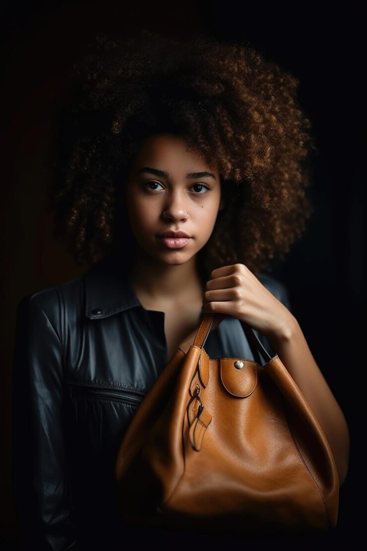 Fotografía de una mujer joven sosteniendo un bolso