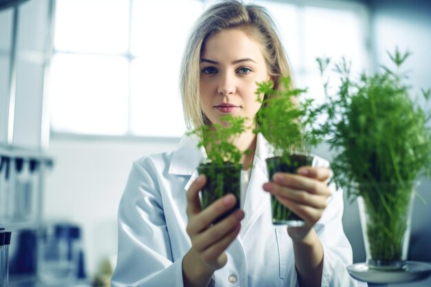 Fotografía de una mujer joven sosteniendo hierbas verdes en un laboratorio