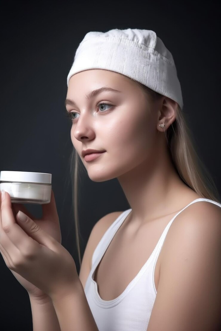 Fotografía de una mujer joven sosteniendo la tapa de un frasco de Ikea lleno de crema facial