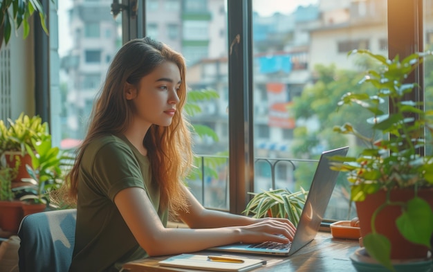 Foto una fotografía de una mujer joven trabajando en una computadora portátil en un escritorio