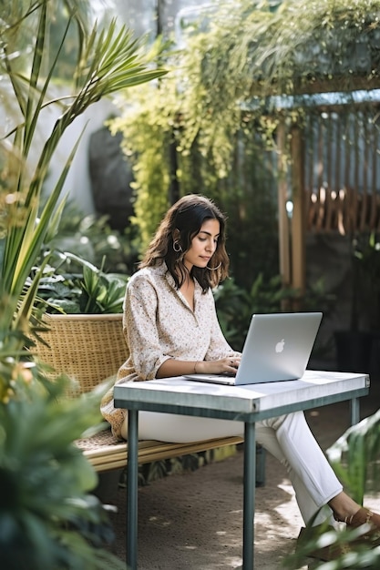 Fotografía de una mujer joven trabajando en su portátil mientras está sentada afuera creada con IA generativa