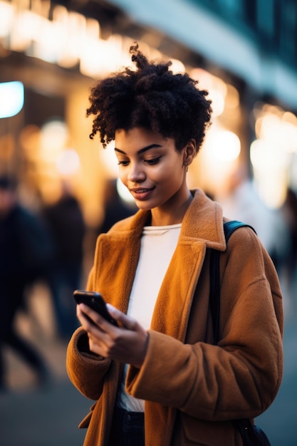 Fotografía de una mujer joven usando su teléfono inteligente en público creada con IA generativa