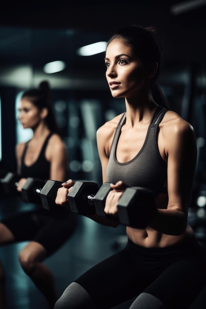 Fotografía de una mujer levantando pesas en un gimnasio creado con IA generativa