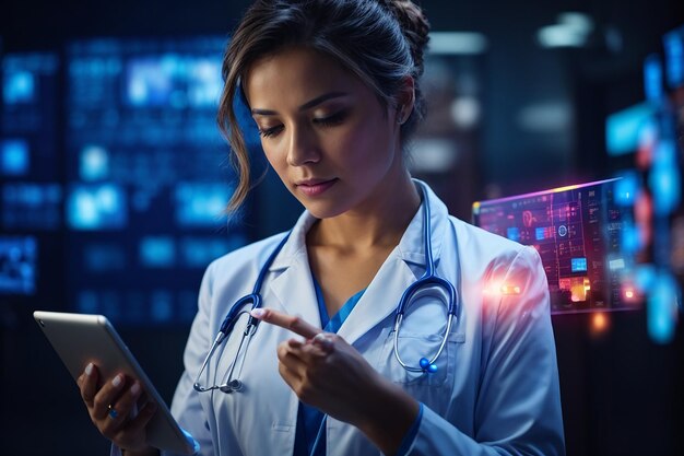 Foto fotografía de una mujer médico revisando una anatomía humana en una pantalla con la cabeza hacia arriba, una pantalla de holograma de examen médico