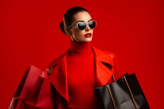 Fotografía de una mujer de moda sosteniendo bolsas de compras en el estudio de IA
