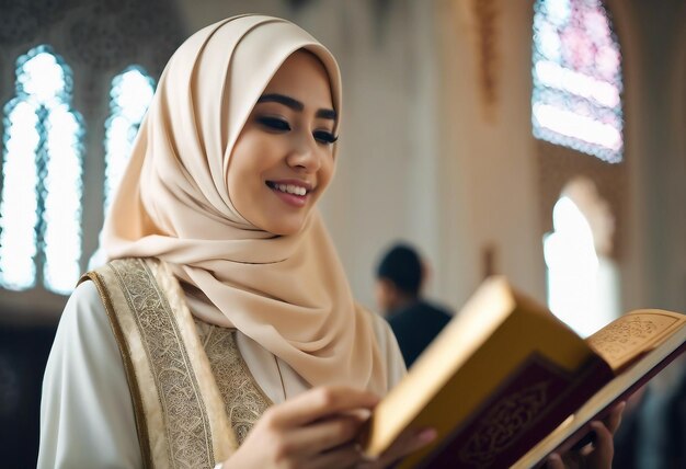 Fotografía de una mujer musulmana asiática en la religión islámica con hijab