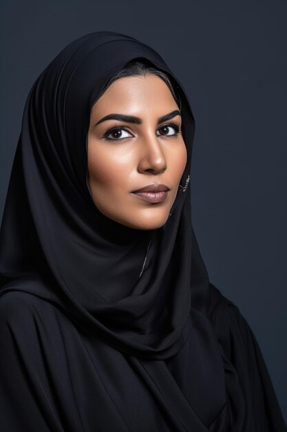 Fotografía de una mujer musulmana con hijab contra un fondo de estudio creado con AI generativa