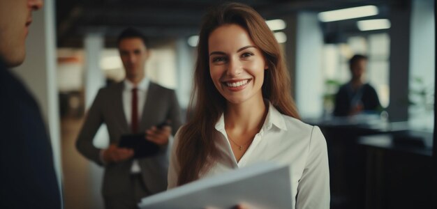 Fotografía de una mujer de negocios líder en una oficina moderna generada por IA