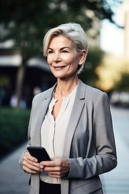 Fotografía de una mujer de negocios madura de pie afuera y usando su teléfono inteligente creada con IA generativa